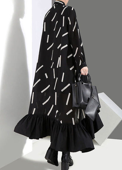 Organic Black Low High Design Peter Pan Collar Ruffles Print Shirt Dresses Spring