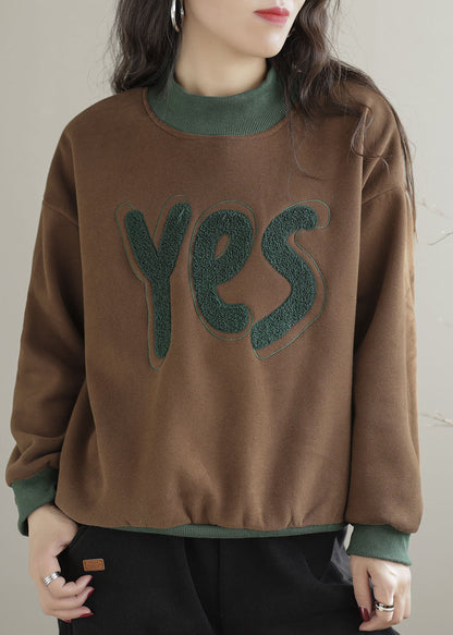 Yellow Embroideried Patchwork Warm Fleece Pullover Sweatshirt Spring