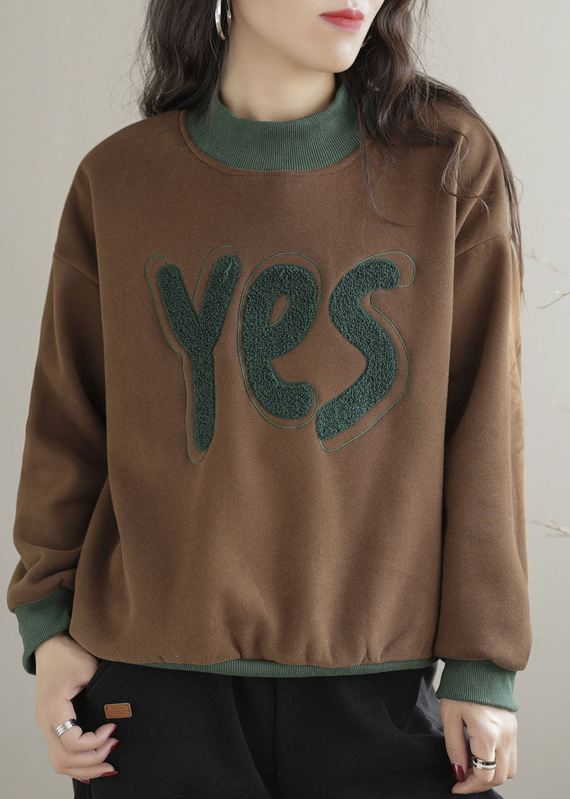 Yellow Embroideried Patchwork Warm Fleece Pullover Sweatshirt Spring