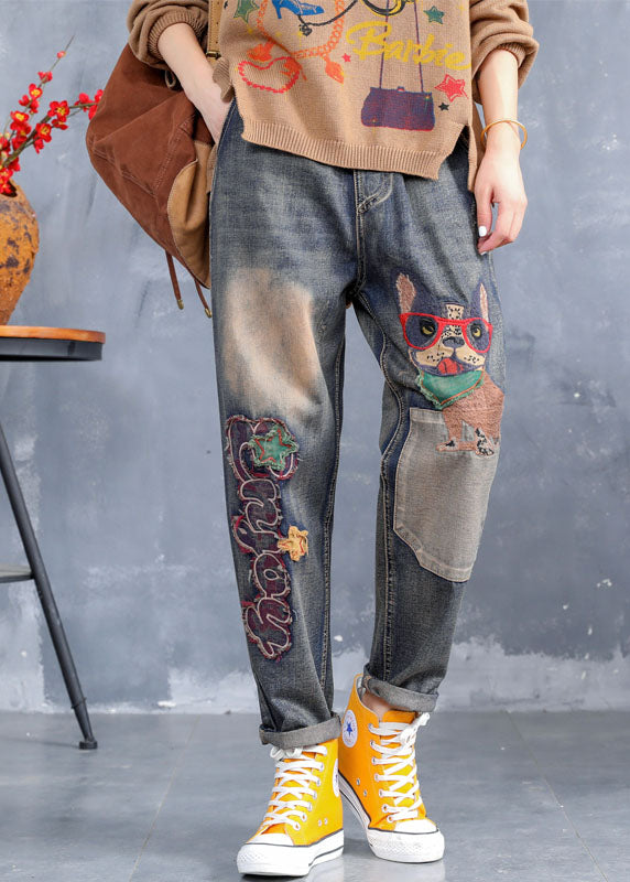 Art Blue Embroideried Pockets Denim Pants Spring