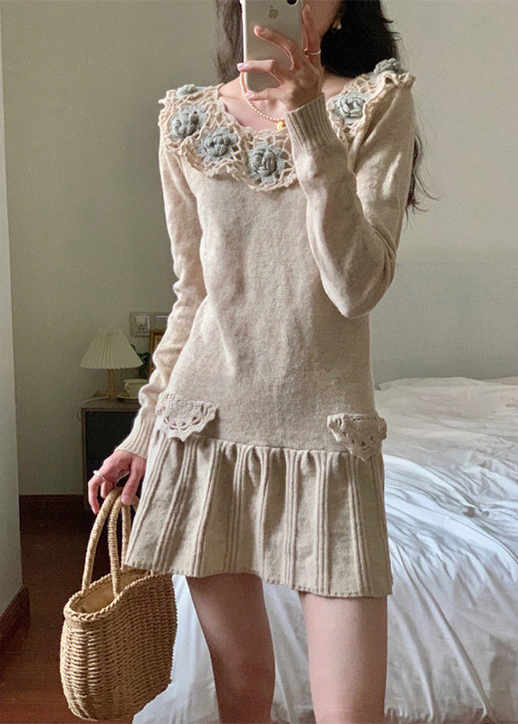 Apricot Hollow Out Patchwork Knit Mid Dress Winter
