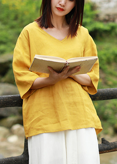 Yellow V Neck Low High Design Linen Tops Short Sleeve