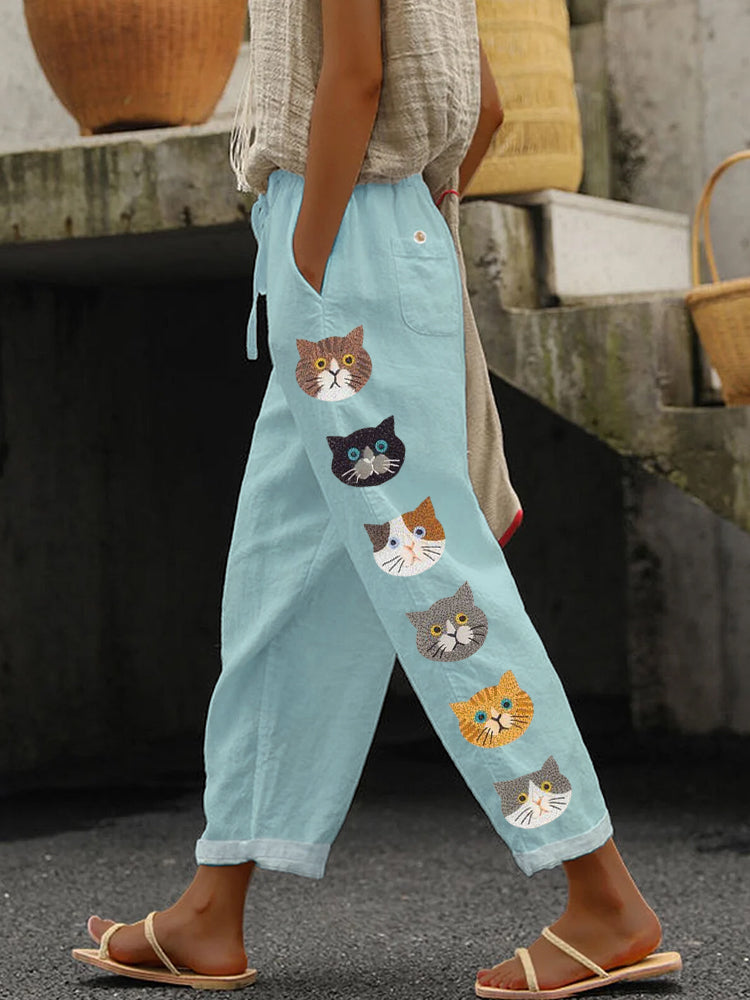 Comstylish Cute Cats Animal Embroidery Pattern Linen Pants
