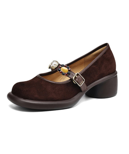 Comfortable Splicing Chunky Heel Black Suede Buckle Strap
