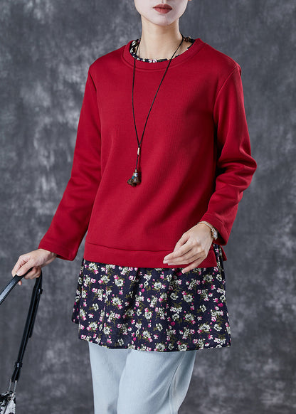 Red Print Patchwork Warm Fleece Blouses Winter