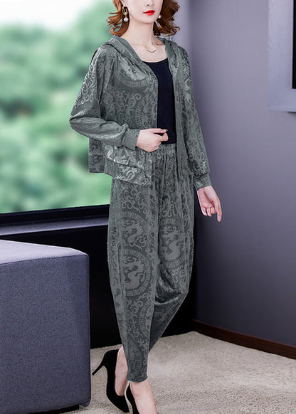 Loose Grey Print Silk Velour Coats and Harem Pants Two Pieces Set Fall