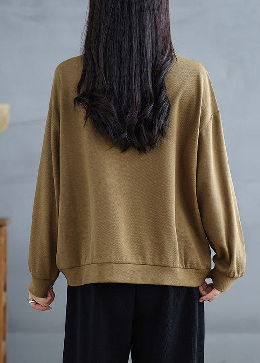 Khaki Zip Up Pockets Patchwork Cotton Top Spring