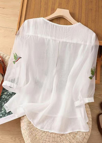 White O Neck Embroideried Cotton T Shirts Summer