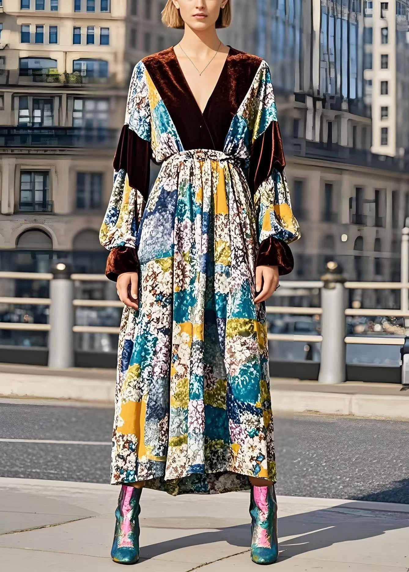 Boutique V Neck Patchwork Print Silk Velour Holiday Dress Spring