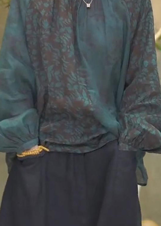 Blackish Green O Neck Print Cotton Top Lantern Sleeve