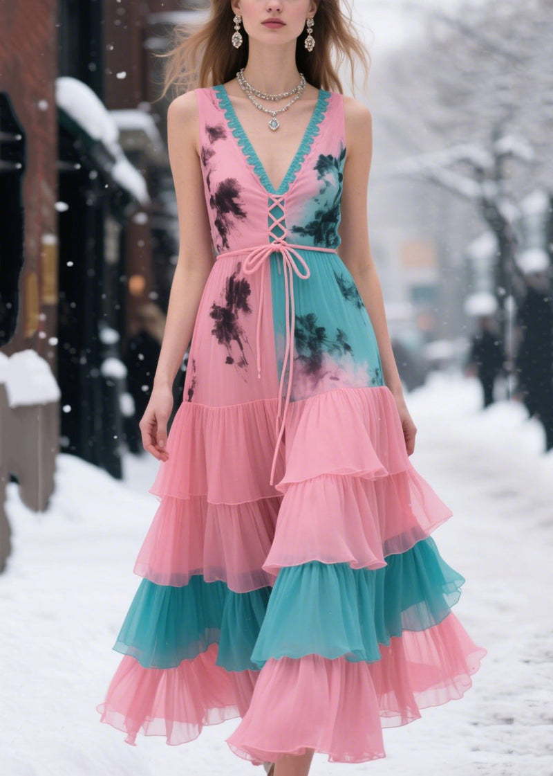 Pink Cross Strap Patchwork Chiffon Holiday Dresses Summer