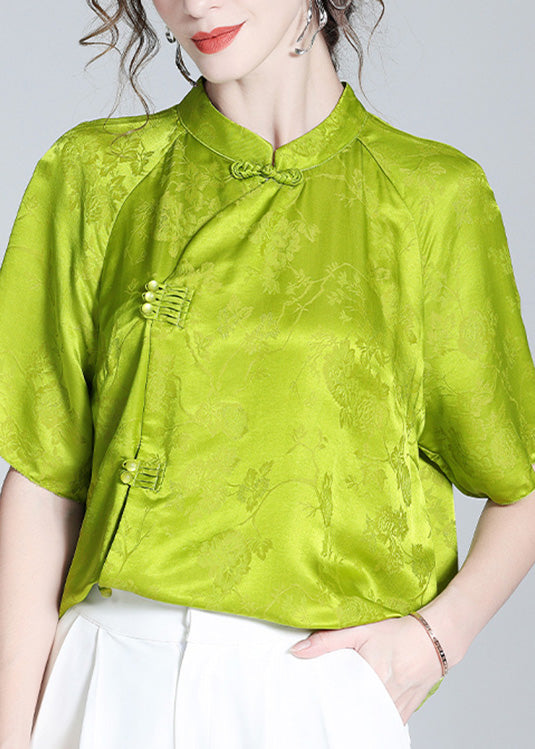 Grass Green Stand Collar Button Silk Top Short Sleeve