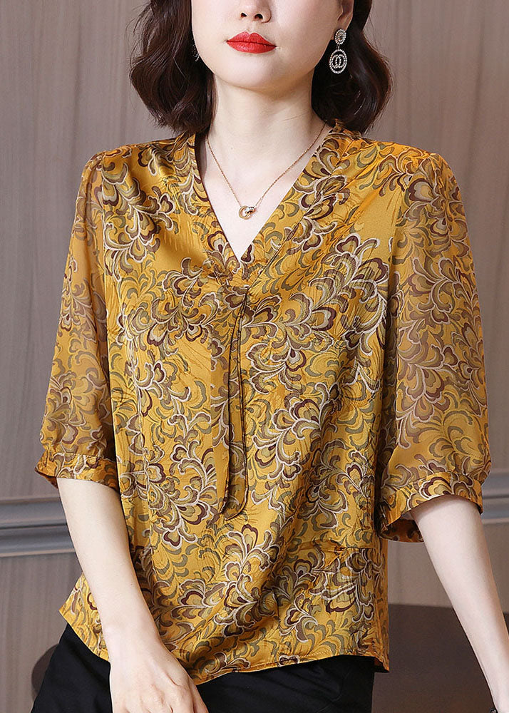 Yellow V Neck Ribbon Print Chiffon Shirt Half Sleeve