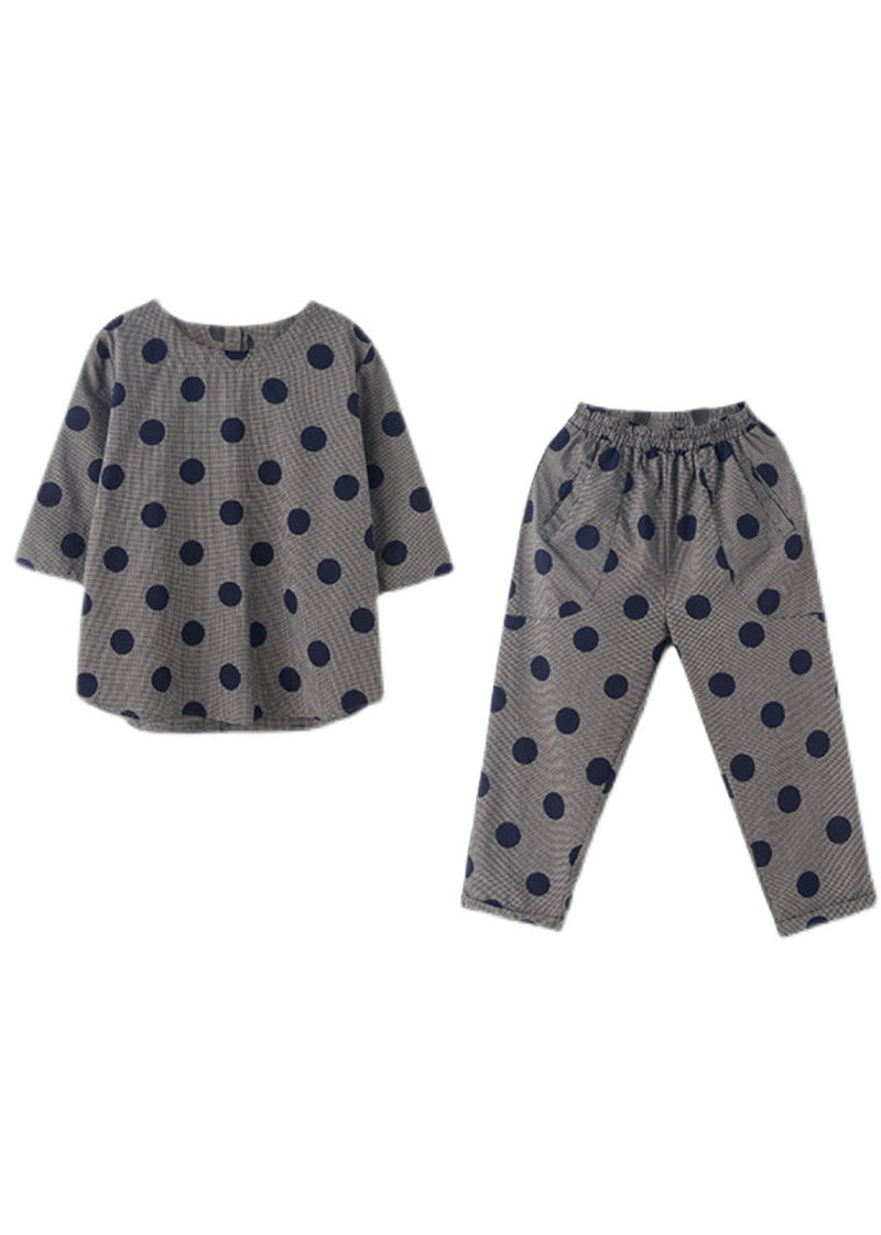 Black O-neck Button Plaid Dot Cotton Top Elastic Waist Pants Two Pieces Set Half Sleeve
