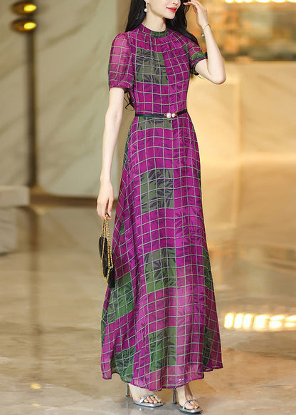 Rose O Neck Plaid Chiffon Maxi Dresses Summer