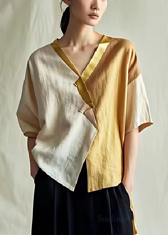 Colorblock Patchwork Linen Blouse Tops V Neck Summer