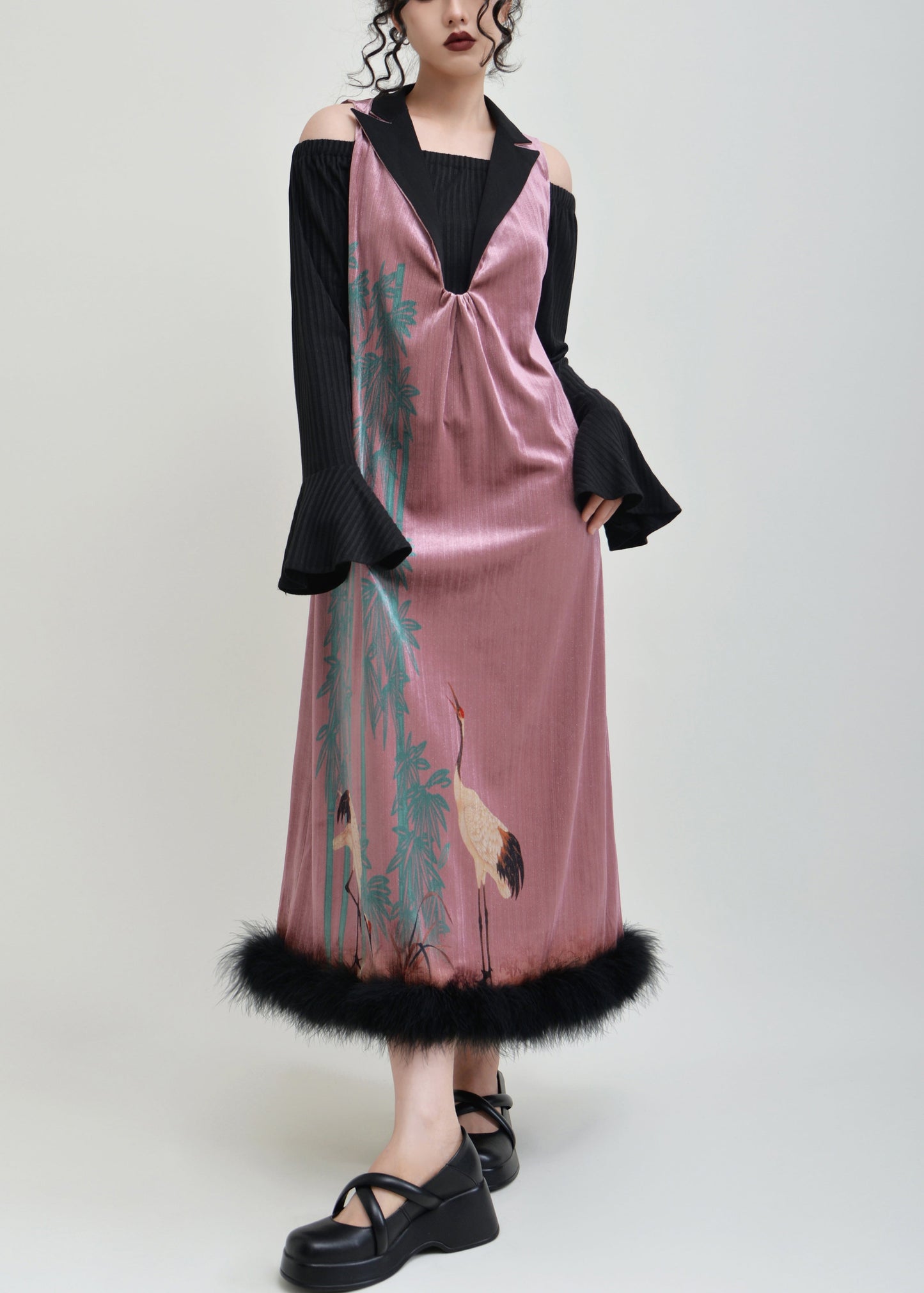 Pink Print False Two Pieces Patchwork Silk Velvet Dress Spring