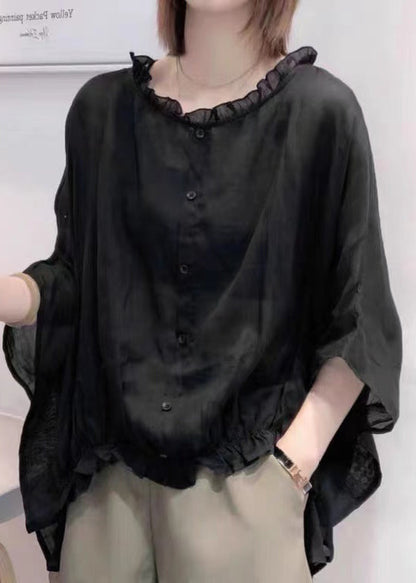 Art Navy Tops Ruffles Trim Half Sleeve Shirts Blouse