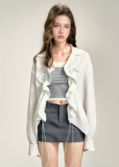 White Peter Pan Collar Cinched Cotton Shirts Top Fall