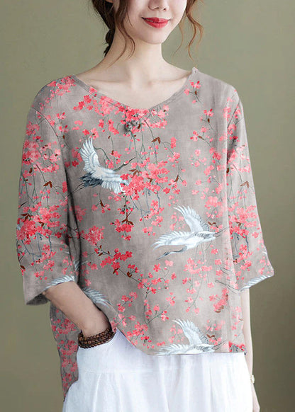 Diy Pink Crane Embroidered Side Open Half Sleeve Top
