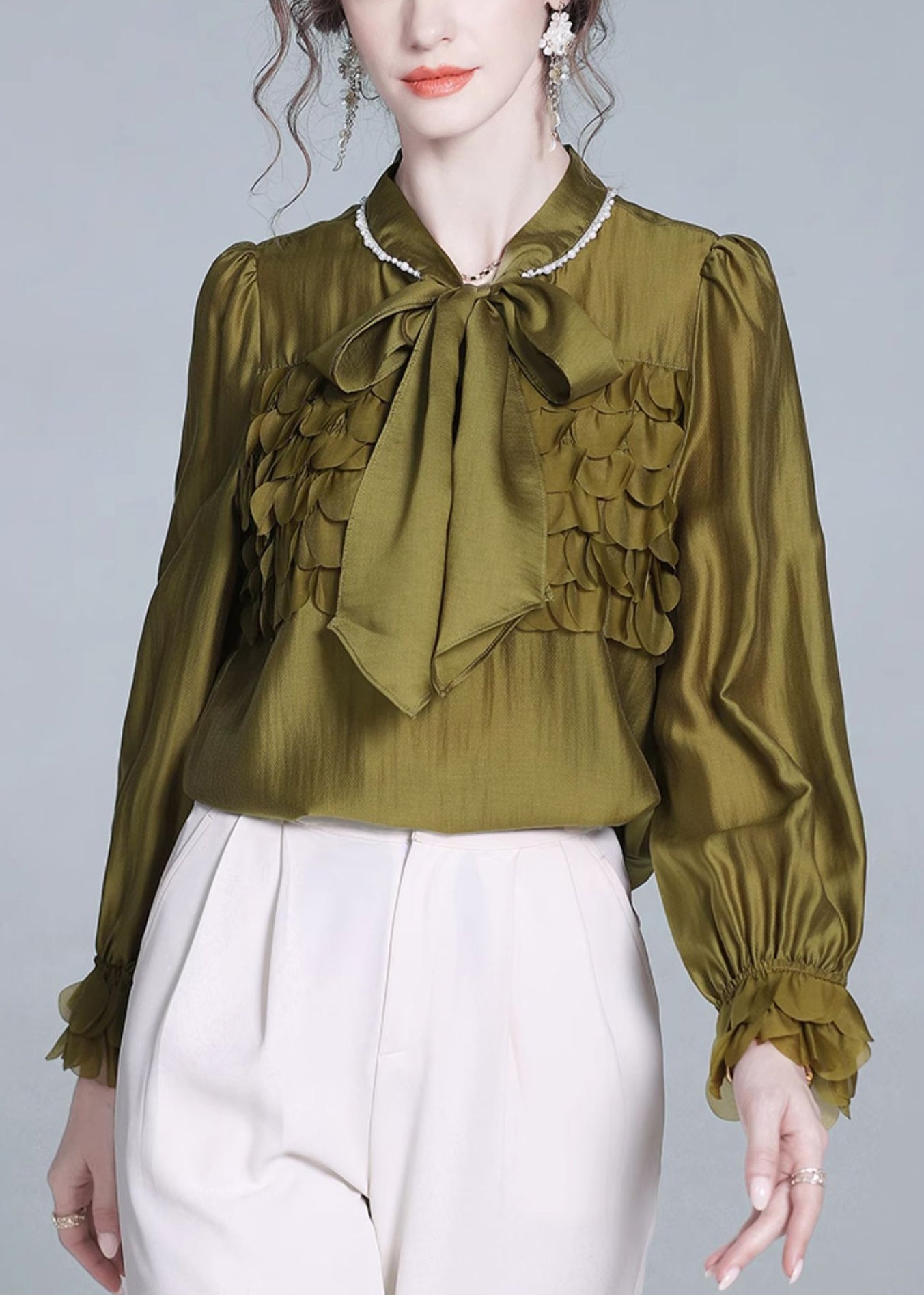 Mustard Green Bow Silk Shirt Petal Sleeve