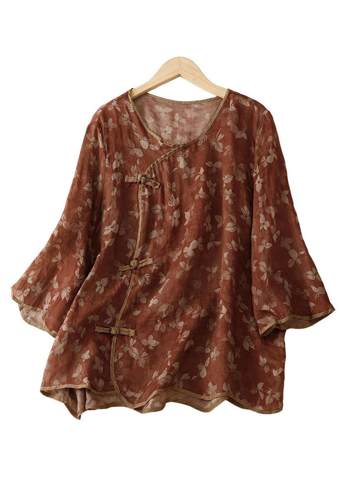 Red O Neck Print Patchwork Linen Shirt Bracelet Sleeve
