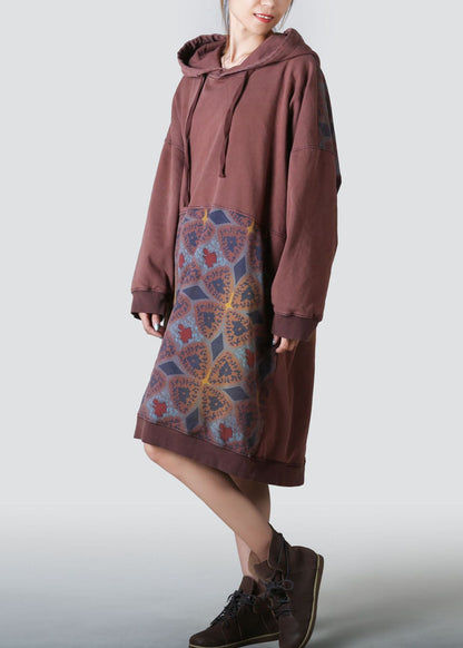 Coffee Hooded Patchwork Print Cotton Dresses Spring