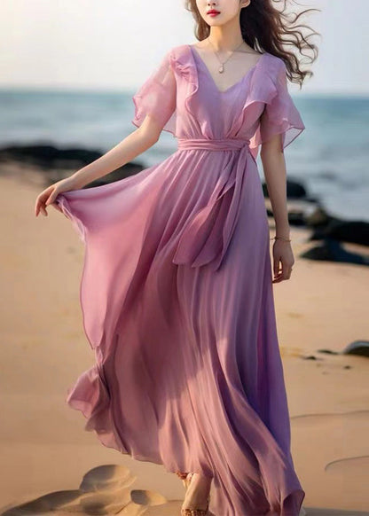 French Pink Tie Waist Patchwork Chiffon Dresses Butterfly Sleeve Summer