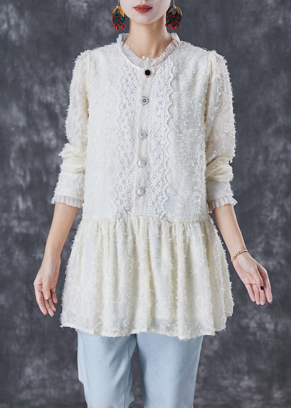 Beige Silm Fit Patchwork Lace Cotton Blouses Fall