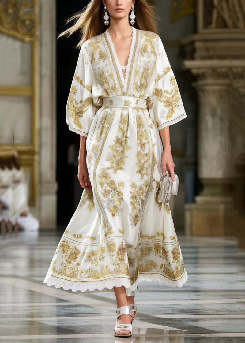 Boutique White Cinched Print Silk Maxi Dresses Summer
