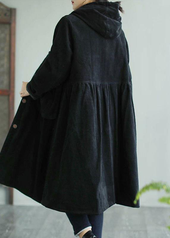 Classy Black Fine Maxi Coat Sewing Hooded Pockets Coats