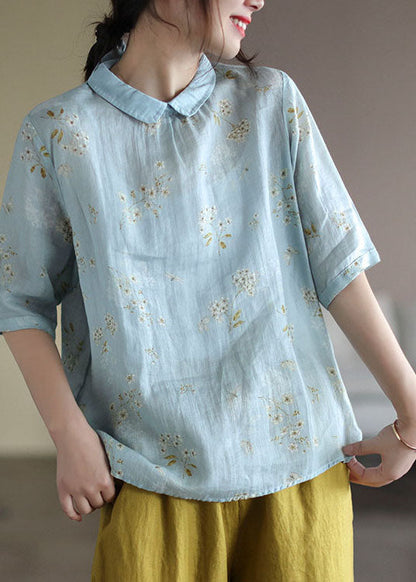Light Blue Peter Pan Collar Print Linen Shirt Tops Half Sleeve