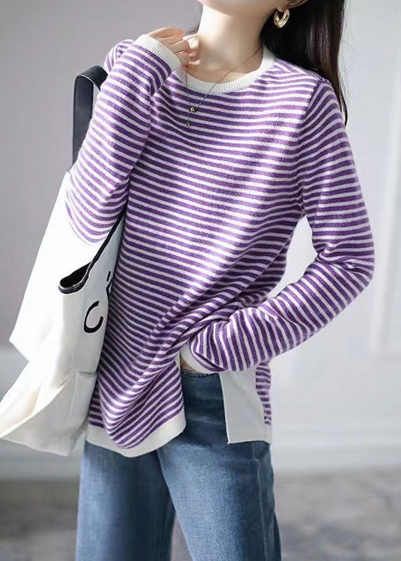 Blue Striped Side Open Patchwork Knitting Cotton Tops Fall