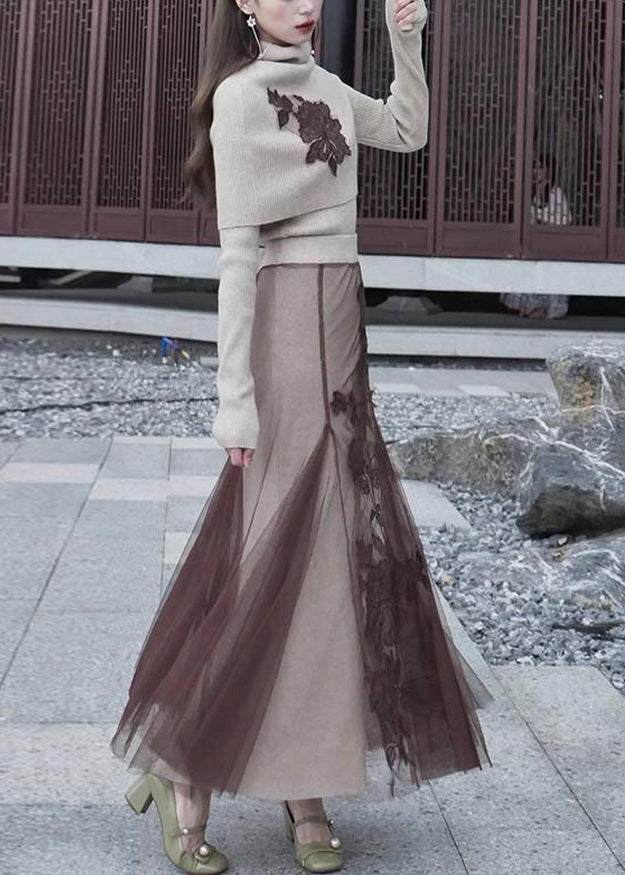 Art Khaki Embroideried Patchwork Silm Fit Knit Two Piece Top Set Winter