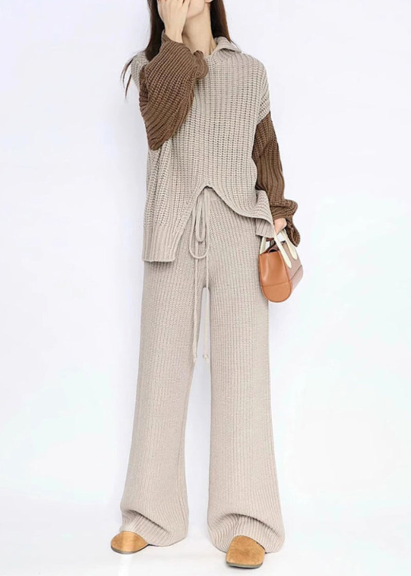 Apricot Asymmetrical Elastic Waist Patchwork Knit Two Piece Set Fall