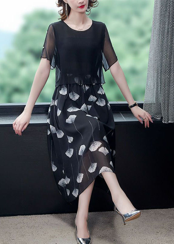 Black Hollow Out Patchwork Silk Fake Two Piece Dress Summer