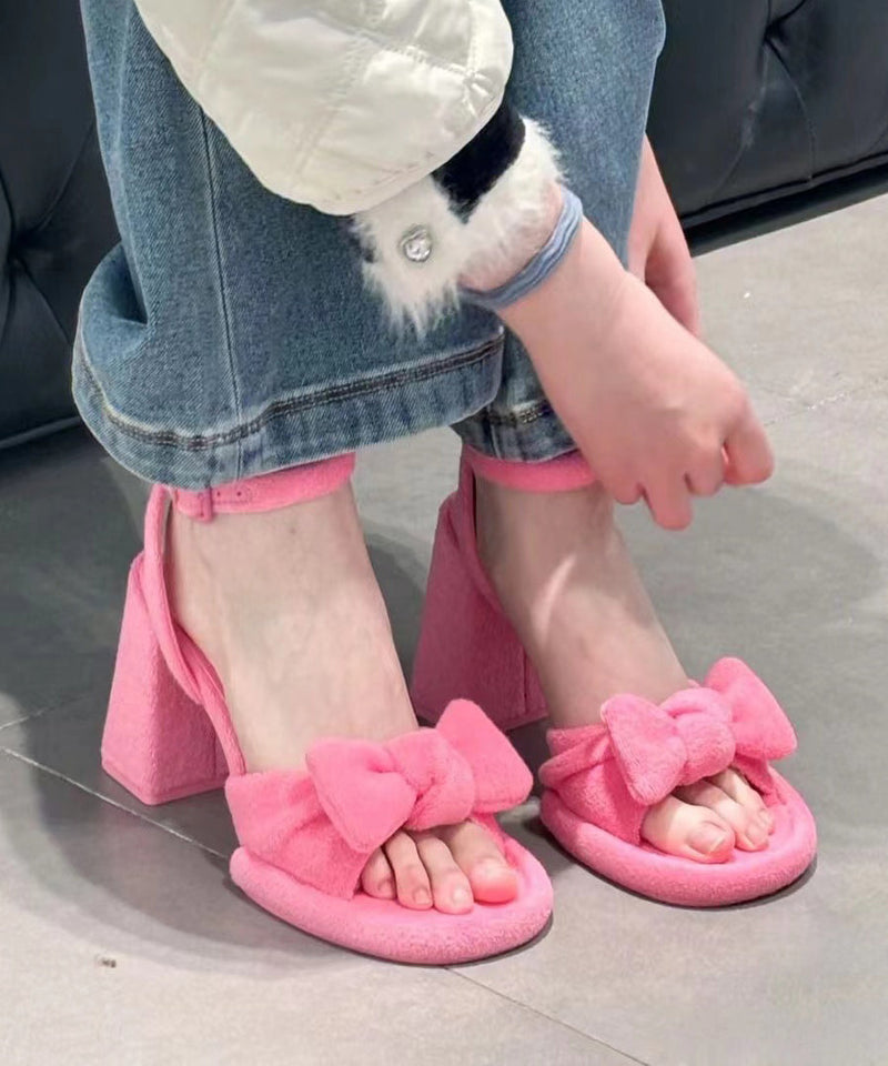 Pink Chunky Heel Bow Buckle Strap Splicing Sandals