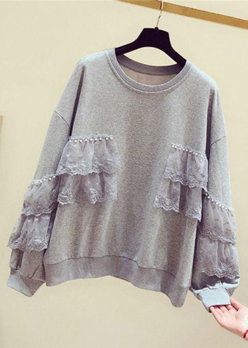 Loose Grey Pearl Lace Patchwork Cotton Spring