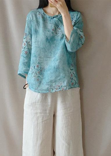 Loose O Neck Half Sleeve Shirts Blue Print Shirt