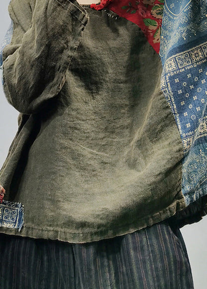 Green Print Linen Shirt Tops O-neck Button Long Sleeve