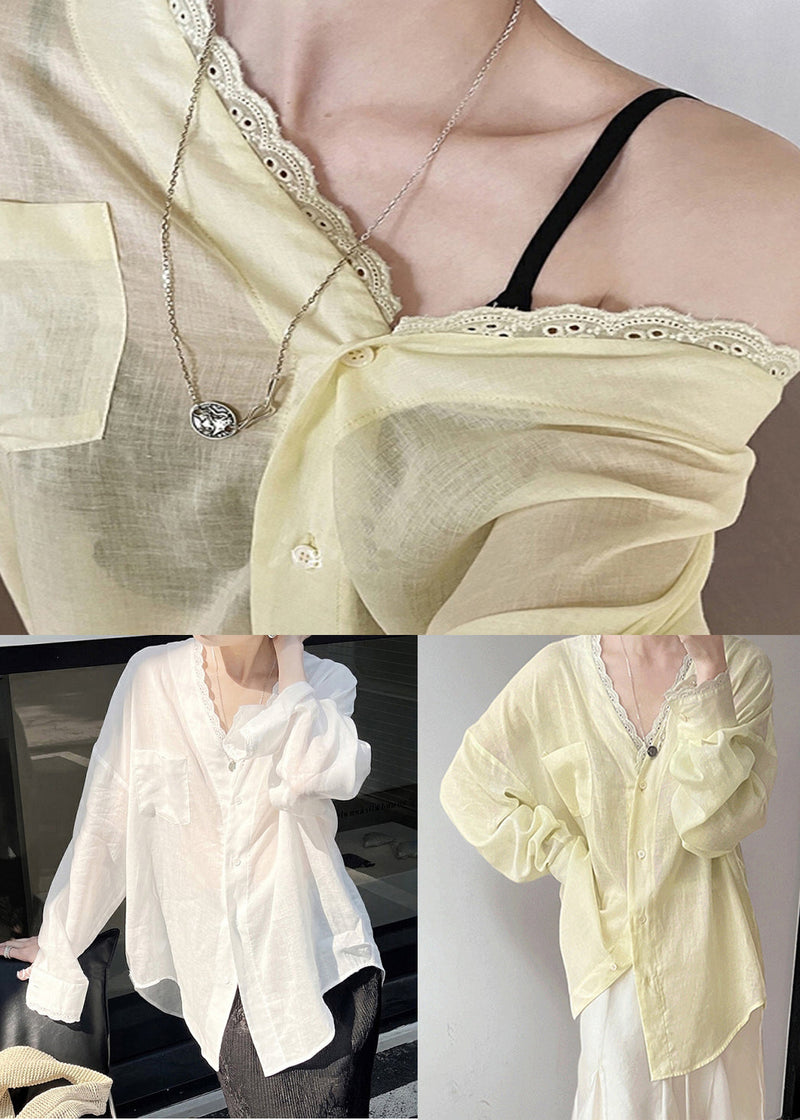 Loose White Button Low High Design Thin Silk Cotton Shirt Summer