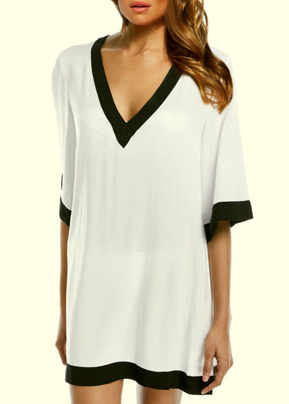 Classy White Patchwork V Neck Sandy Beach Summer Dress