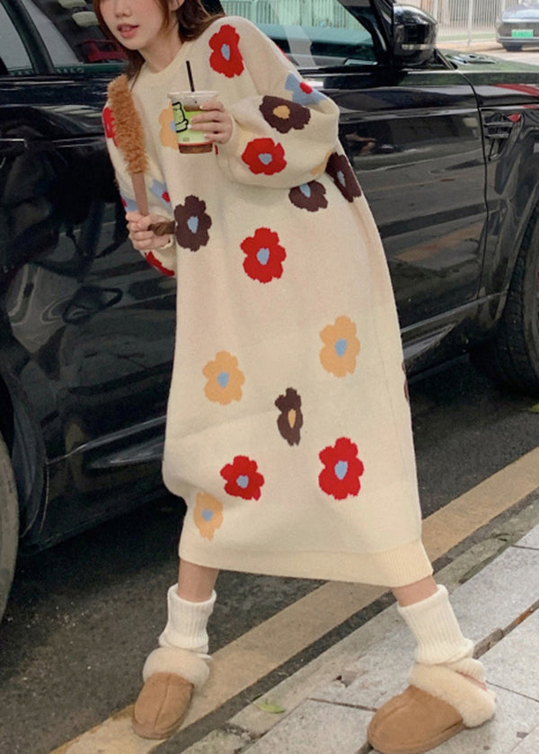 Beige O Neck Long Knit Sweaters Dress Winter