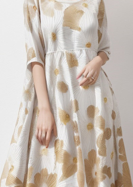 Organic Apricot U Neck Print Silk Long Dress Summer