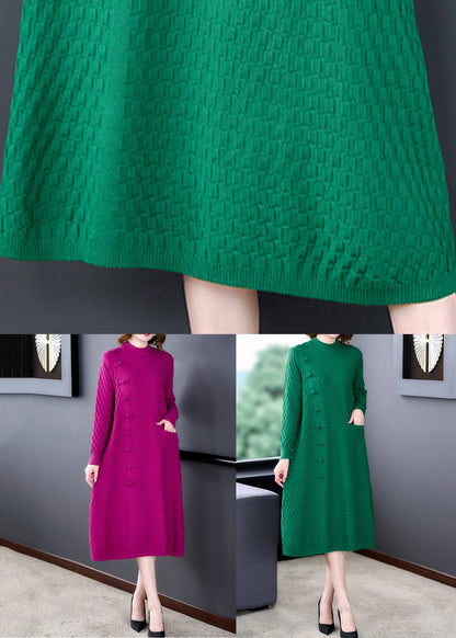 Rose Button Woolen Knitted Winter Dress O-neck