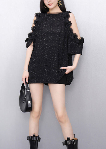 Slim Fit Black Cold Shoulder T Shirt Short Sleeveless