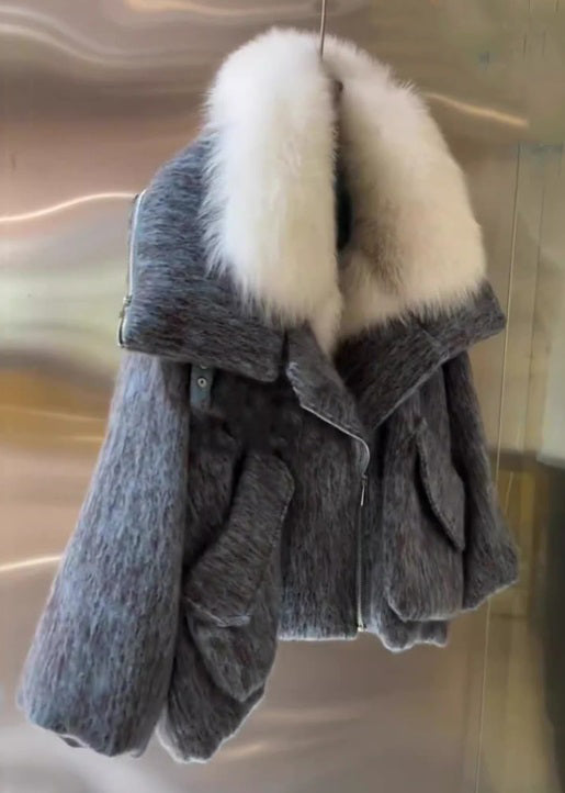 Grey Fur Collar Pockets Cotton Filled Coat Winter