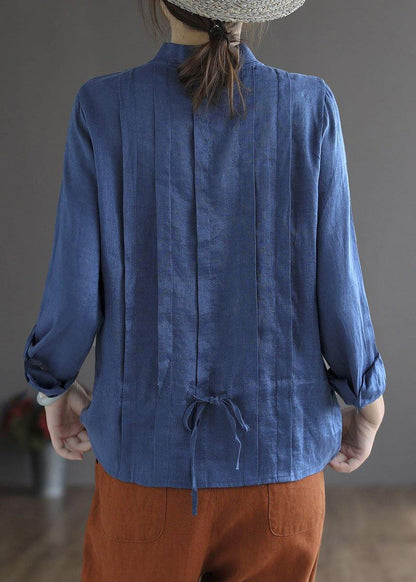 Blue Flower Button Fall Top Long Sleeve Linen