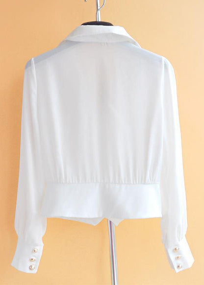 Black Peter Pan Collar Patchwork Wrinkled Chiffon Shirt Tops Long Sleeve