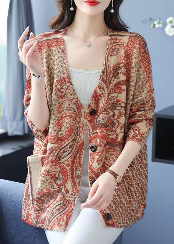 Orange V Neck Print Button Mink Hair Knitted Coat Fall